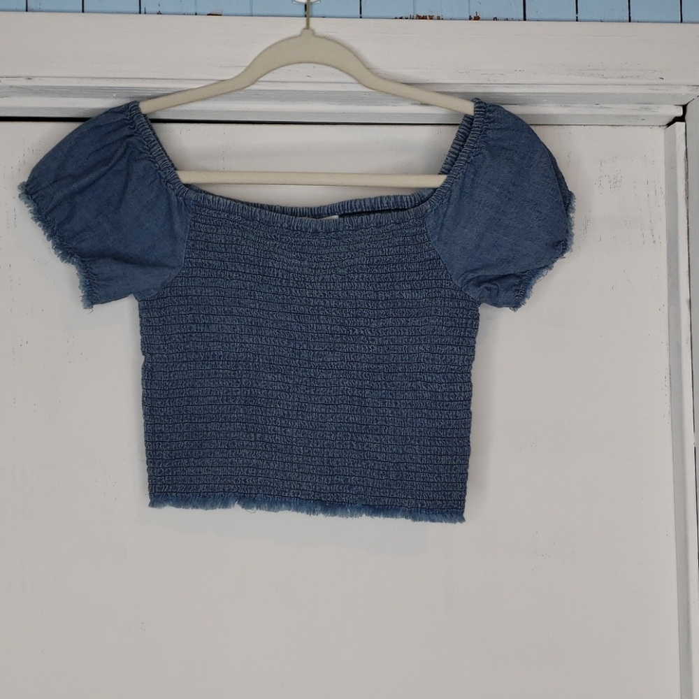 Forever 21 Blue Jean Cropped Smocked Top